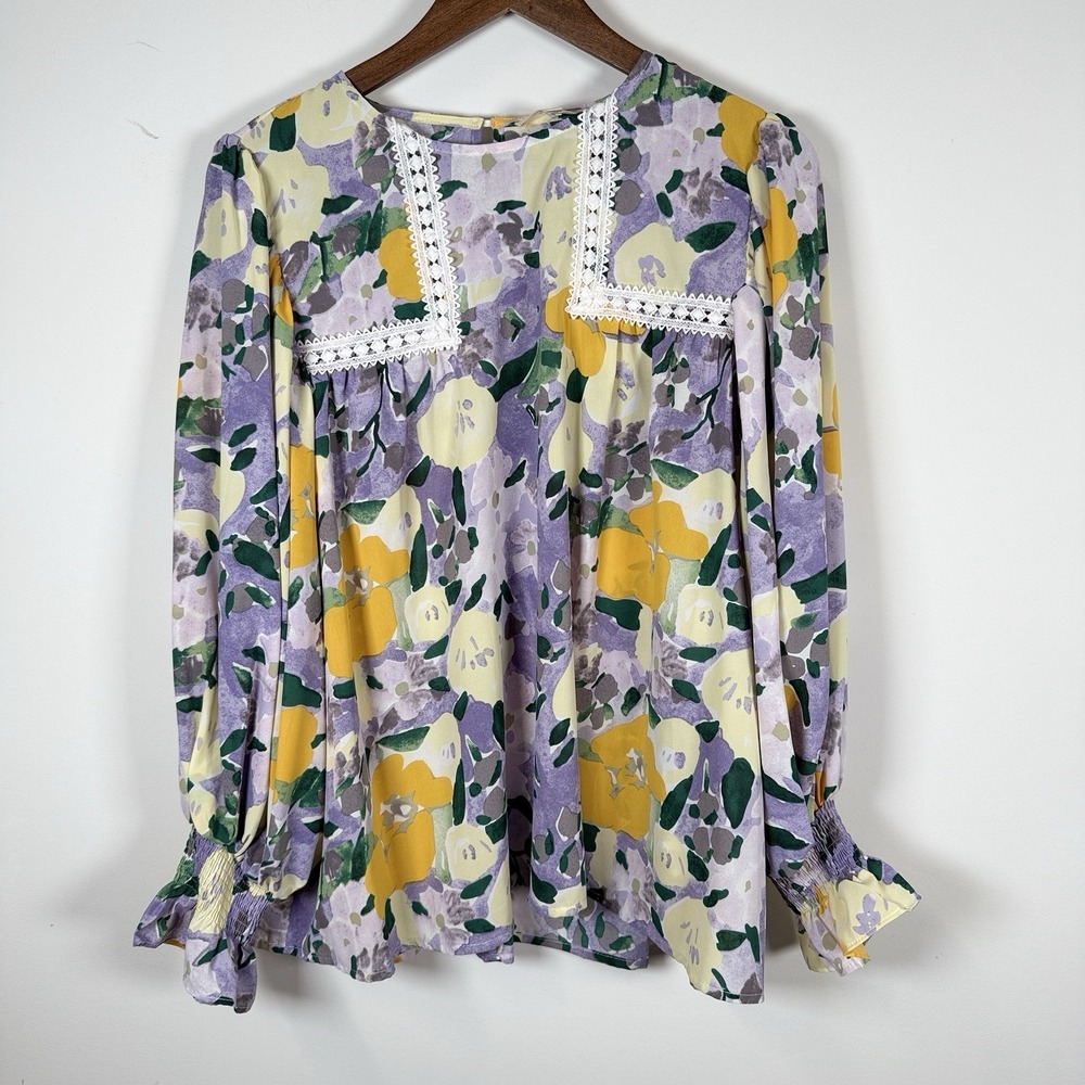 Women's Entro Long Sleeve Blouse Puff Sleeve Floral Spring‎ Summer Small NWT